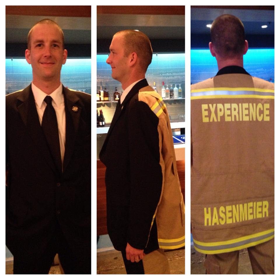 Paul Hasenmeier of First Due Tackle unveiling his TECGEN/business suit FDIC evening attire. "Business in the front, party in the back!"